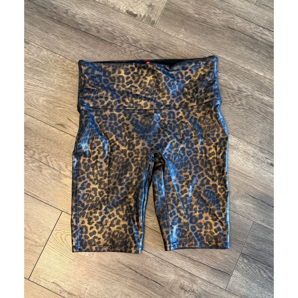 Spanx Faux Leather Bike Shorts Metallic Leopard Animal Print Bronze Black Large